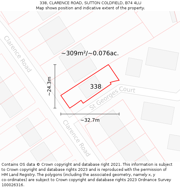 338, CLARENCE ROAD, SUTTON COLDFIELD, B74 4LU: Plot and title map