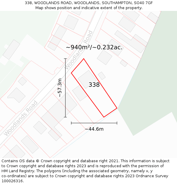 338, WOODLANDS ROAD, WOODLANDS, SOUTHAMPTON, SO40 7GF: Plot and title map