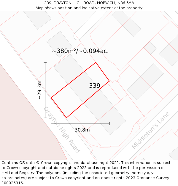 339, DRAYTON HIGH ROAD, NORWICH, NR6 5AA: Plot and title map
