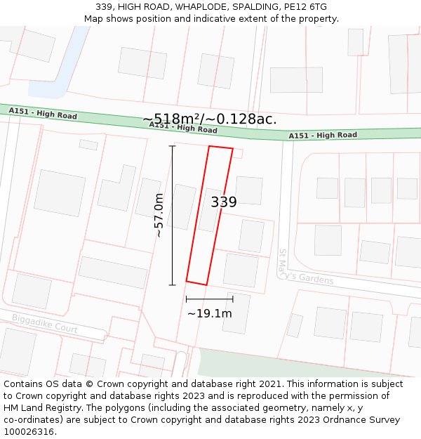 339, HIGH ROAD, WHAPLODE, SPALDING, PE12 6TG: Plot and title map