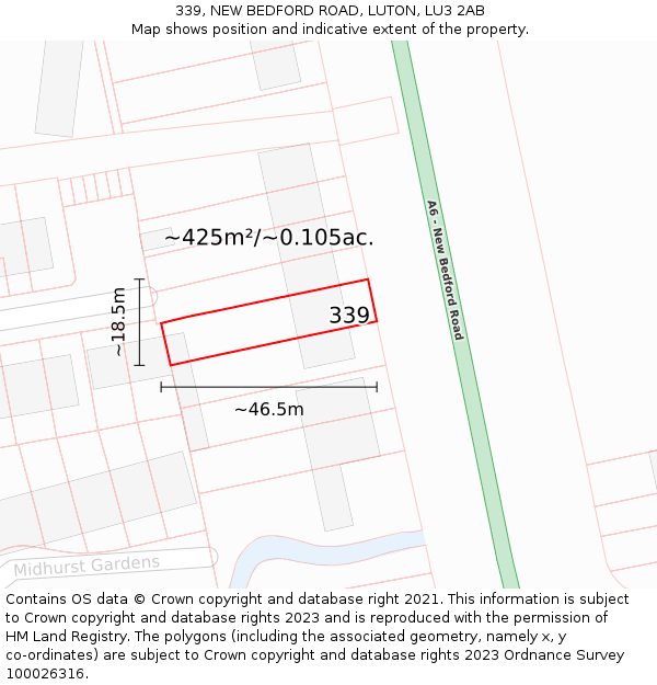 339, NEW BEDFORD ROAD, LUTON, LU3 2AB: Plot and title map