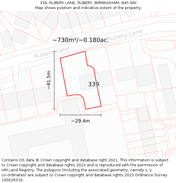 339, RUBERY LANE, RUBERY, BIRMINGHAM, B45 9AY: Plot and title map