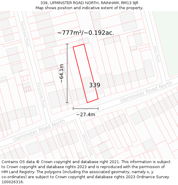 339, UPMINSTER ROAD NORTH, RAINHAM, RM13 9JR: Plot and title map