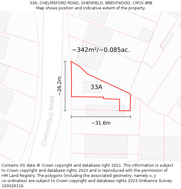 33A, CHELMSFORD ROAD, SHENFIELD, BRENTWOOD, CM15 8RB: Plot and title map