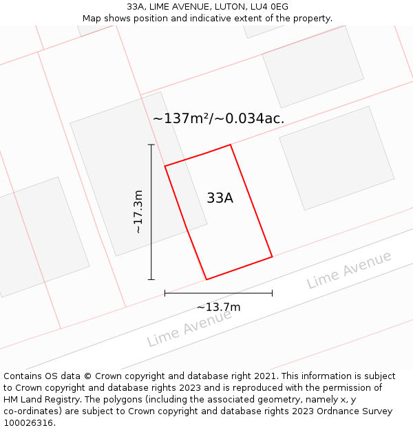 33A, LIME AVENUE, LUTON, LU4 0EG: Plot and title map