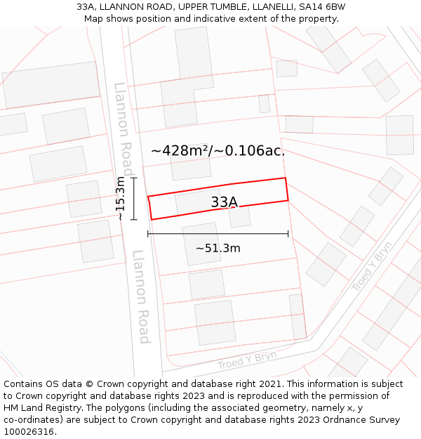33A, LLANNON ROAD, UPPER TUMBLE, LLANELLI, SA14 6BW: Plot and title map