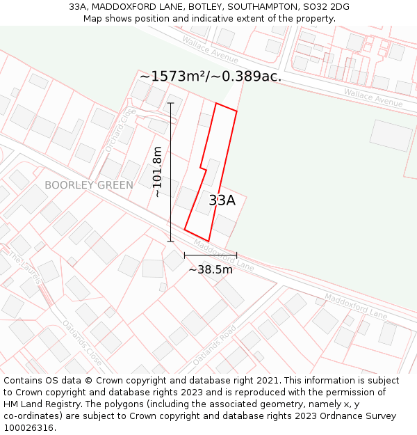 33A, MADDOXFORD LANE, BOTLEY, SOUTHAMPTON, SO32 2DG: Plot and title map