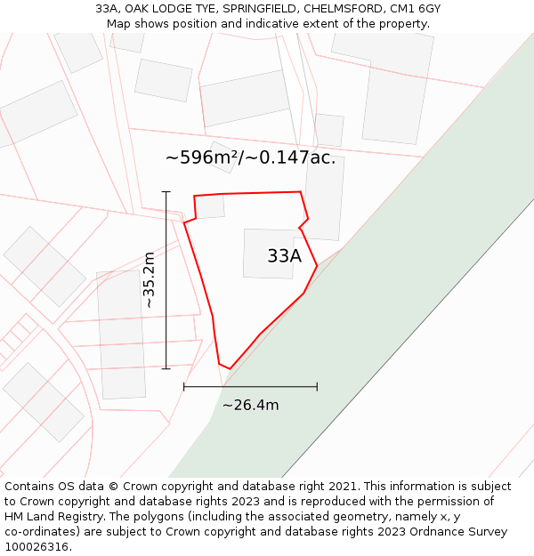 33A, OAK LODGE TYE, SPRINGFIELD, CHELMSFORD, CM1 6GY: Plot and title map