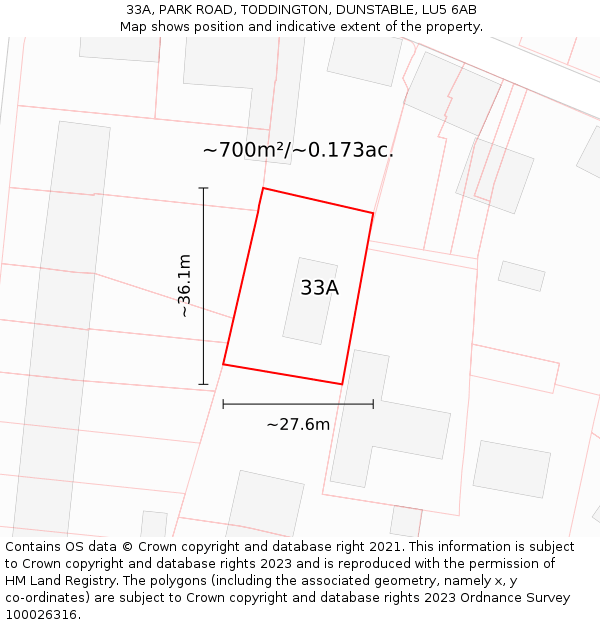 33A, PARK ROAD, TODDINGTON, DUNSTABLE, LU5 6AB: Plot and title map