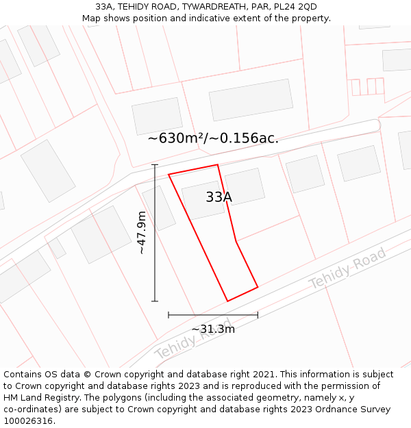 33A, TEHIDY ROAD, TYWARDREATH, PAR, PL24 2QD: Plot and title map