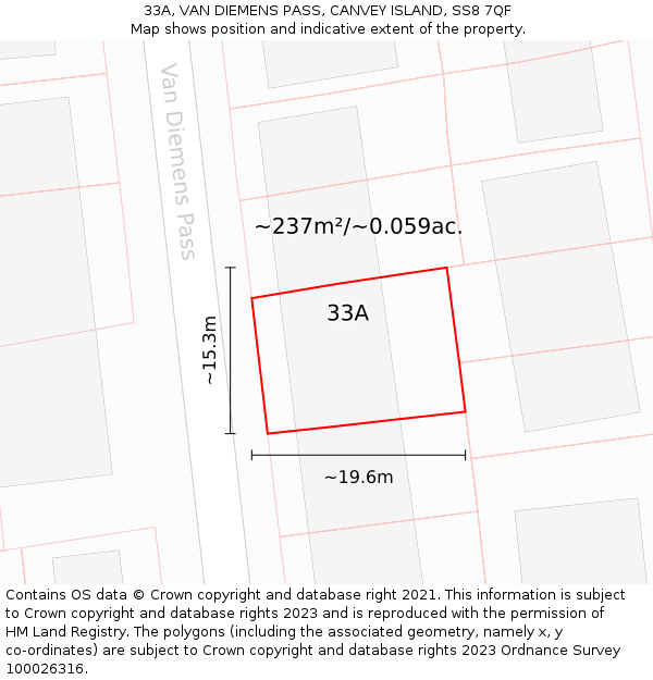 33A, VAN DIEMENS PASS, CANVEY ISLAND, SS8 7QF: Plot and title map