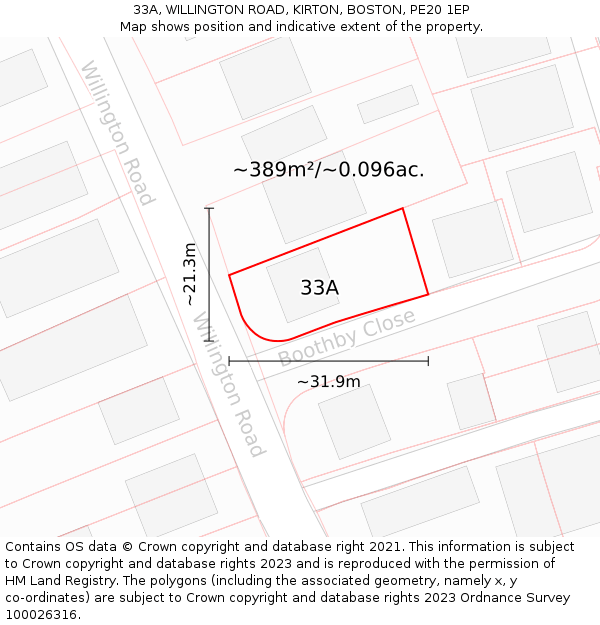 33A, WILLINGTON ROAD, KIRTON, BOSTON, PE20 1EP: Plot and title map