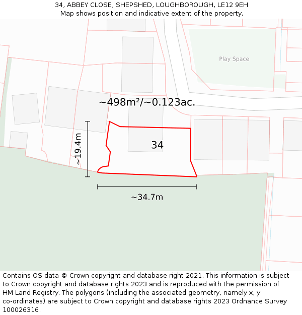 34, ABBEY CLOSE, SHEPSHED, LOUGHBOROUGH, LE12 9EH: Plot and title map