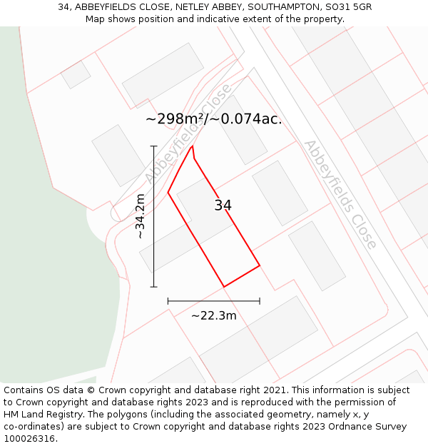 34, ABBEYFIELDS CLOSE, NETLEY ABBEY, SOUTHAMPTON, SO31 5GR: Plot and title map