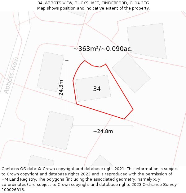 34, ABBOTS VIEW, BUCKSHAFT, CINDERFORD, GL14 3EG: Plot and title map