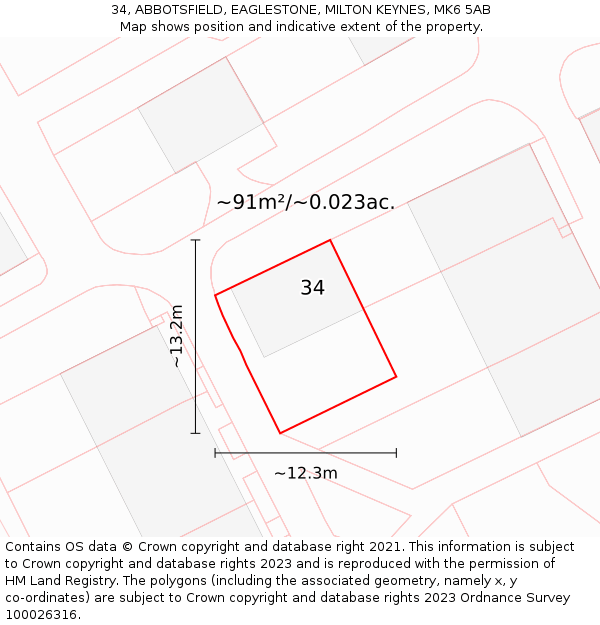 34, ABBOTSFIELD, EAGLESTONE, MILTON KEYNES, MK6 5AB: Plot and title map