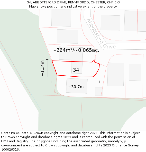 34, ABBOTTSFORD DRIVE, PENYFFORDD, CHESTER, CH4 0JG: Plot and title map