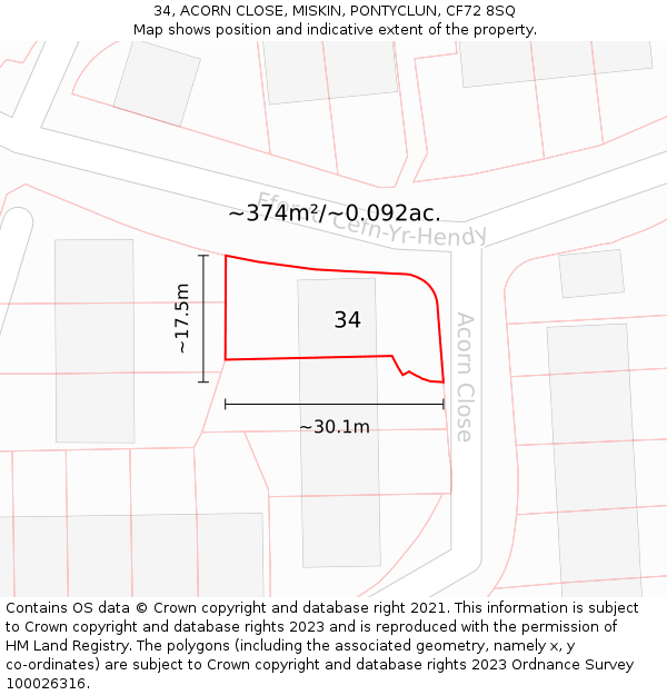 34, ACORN CLOSE, MISKIN, PONTYCLUN, CF72 8SQ: Plot and title map