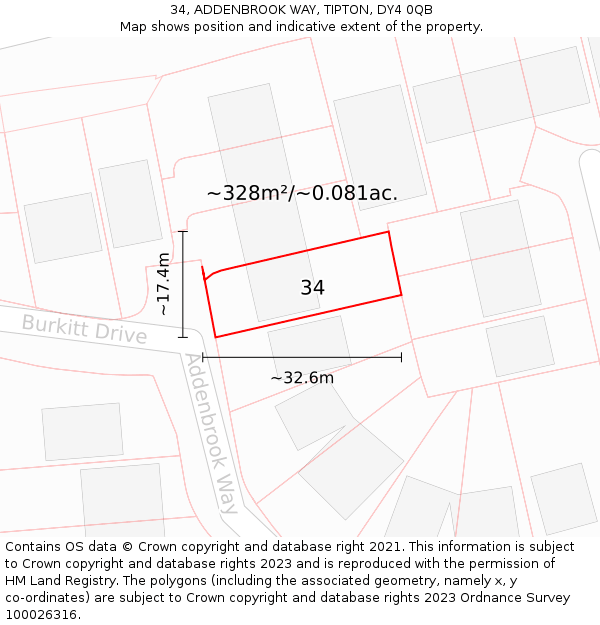 34, ADDENBROOK WAY, TIPTON, DY4 0QB: Plot and title map