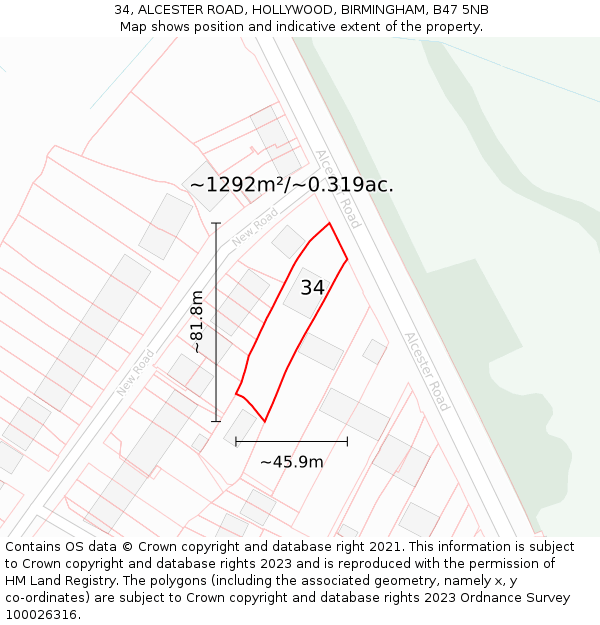 34, ALCESTER ROAD, HOLLYWOOD, BIRMINGHAM, B47 5NB: Plot and title map