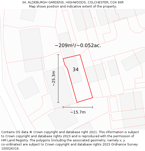 34, ALDEBURGH GARDENS, HIGHWOODS, COLCHESTER, CO4 9XR: Plot and title map