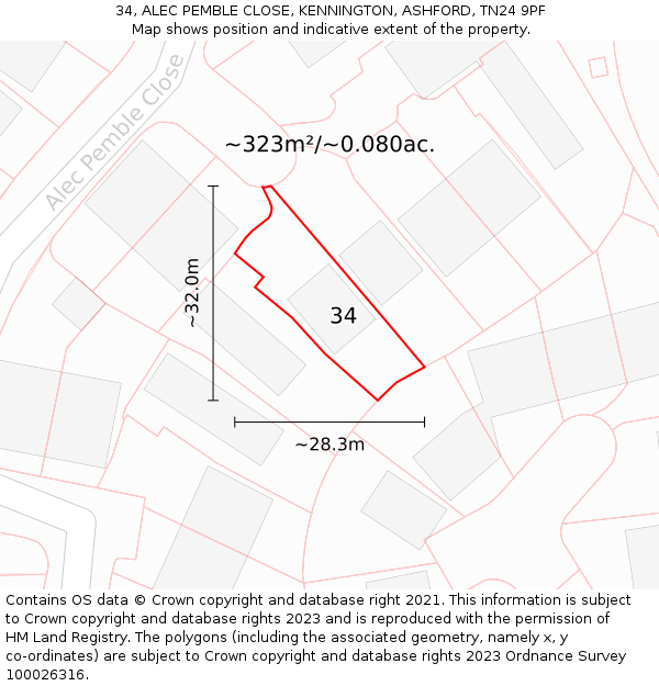 34, ALEC PEMBLE CLOSE, KENNINGTON, ASHFORD, TN24 9PF: Plot and title map