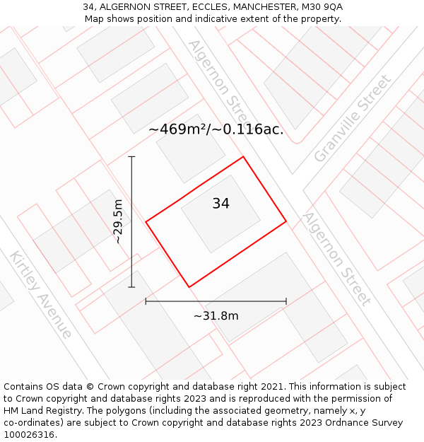 34, ALGERNON STREET, ECCLES, MANCHESTER, M30 9QA: Plot and title map