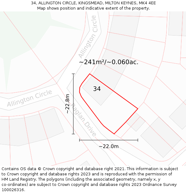 34, ALLINGTON CIRCLE, KINGSMEAD, MILTON KEYNES, MK4 4EE: Plot and title map