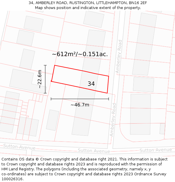 34, AMBERLEY ROAD, RUSTINGTON, LITTLEHAMPTON, BN16 2EF: Plot and title map