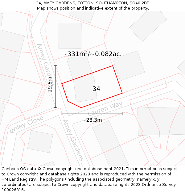 34, AMEY GARDENS, TOTTON, SOUTHAMPTON, SO40 2BB: Plot and title map