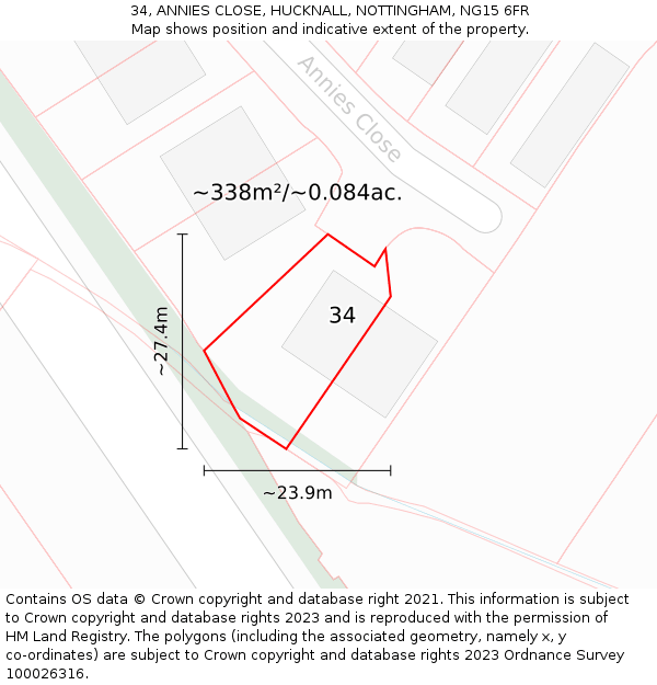 34, ANNIES CLOSE, HUCKNALL, NOTTINGHAM, NG15 6FR: Plot and title map