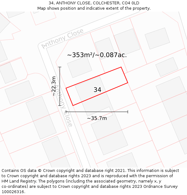 34, ANTHONY CLOSE, COLCHESTER, CO4 0LD: Plot and title map
