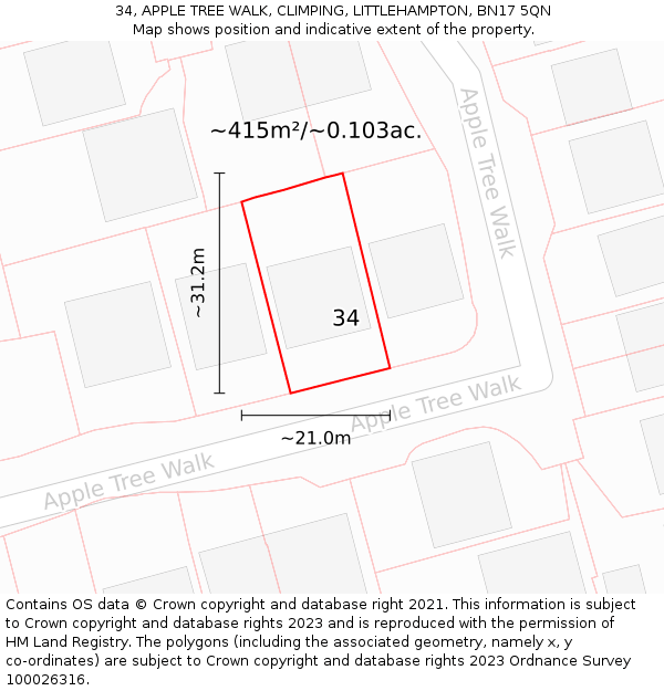 34, APPLE TREE WALK, CLIMPING, LITTLEHAMPTON, BN17 5QN: Plot and title map