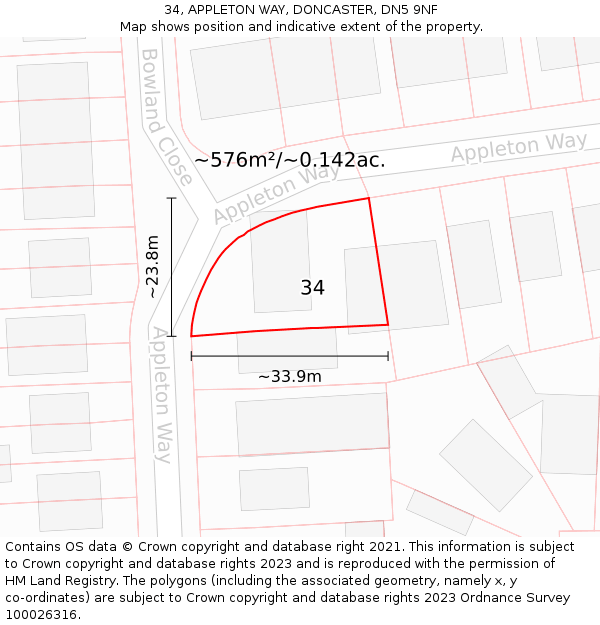 34, APPLETON WAY, DONCASTER, DN5 9NF: Plot and title map