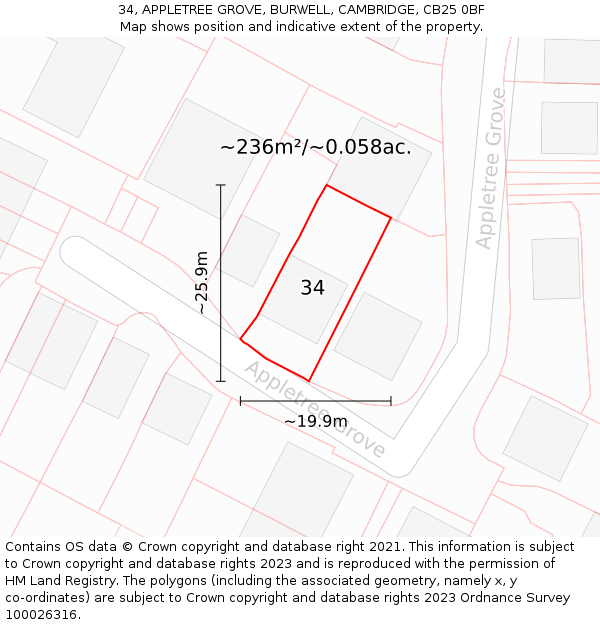 34, APPLETREE GROVE, BURWELL, CAMBRIDGE, CB25 0BF: Plot and title map
