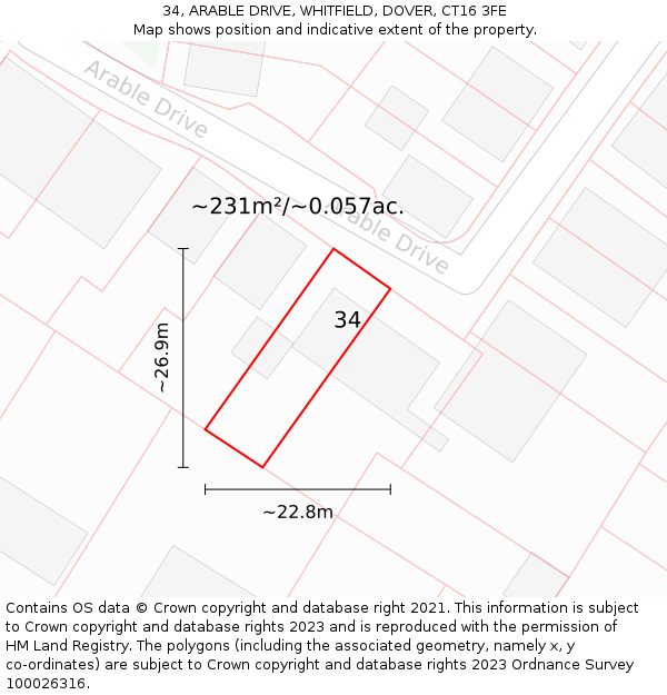 34, ARABLE DRIVE, WHITFIELD, DOVER, CT16 3FE: Plot and title map