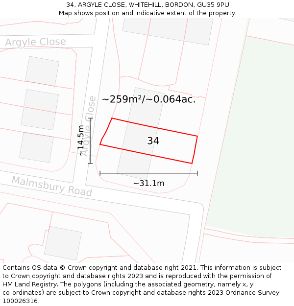 34, ARGYLE CLOSE, WHITEHILL, BORDON, GU35 9PU: Plot and title map