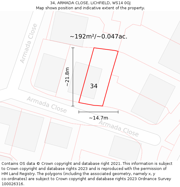 34, ARMADA CLOSE, LICHFIELD, WS14 0GJ: Plot and title map