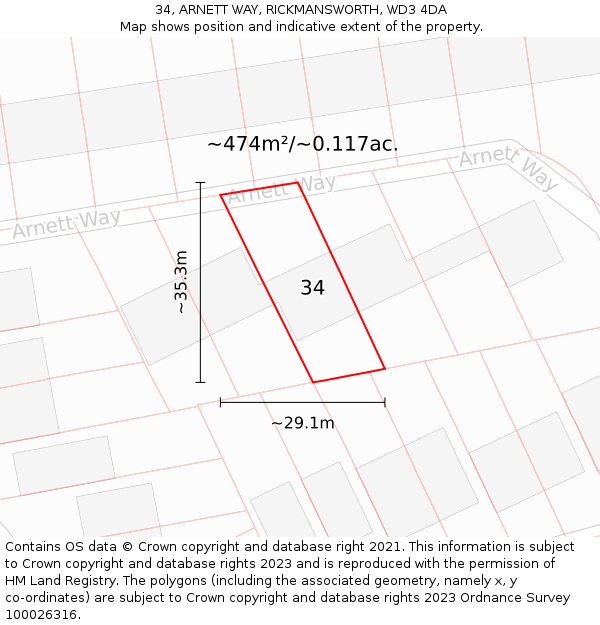 34, ARNETT WAY, RICKMANSWORTH, WD3 4DA: Plot and title map