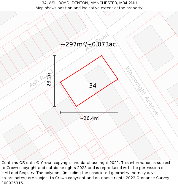 34, ASH ROAD, DENTON, MANCHESTER, M34 2NH: Plot and title map