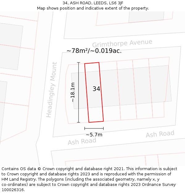 34, ASH ROAD, LEEDS, LS6 3JF: Plot and title map
