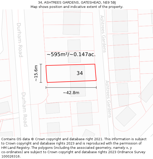 34, ASHTREES GARDENS, GATESHEAD, NE9 5BJ: Plot and title map