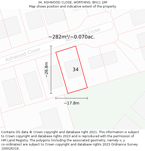 34, ASHWOOD CLOSE, WORTHING, BN11 2AF: Plot and title map