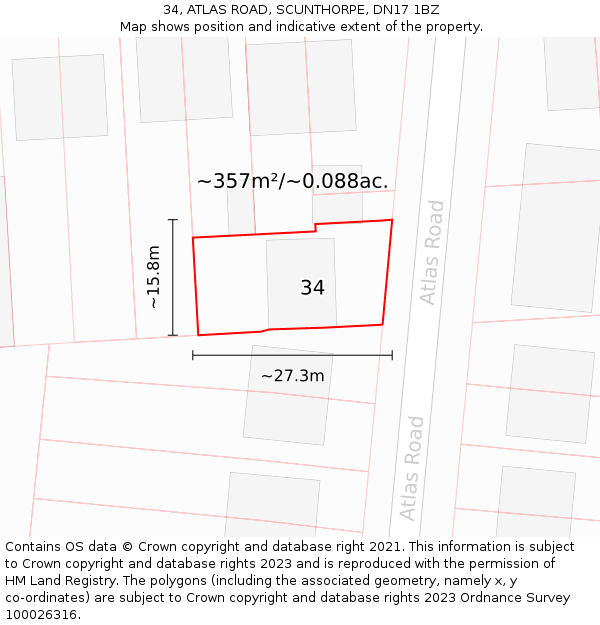 34, ATLAS ROAD, SCUNTHORPE, DN17 1BZ: Plot and title map