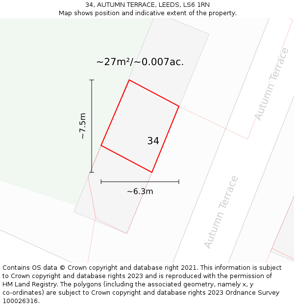 34, AUTUMN TERRACE, LEEDS, LS6 1RN: Plot and title map