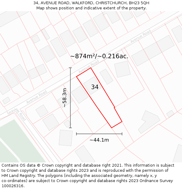 34, AVENUE ROAD, WALKFORD, CHRISTCHURCH, BH23 5QH: Plot and title map