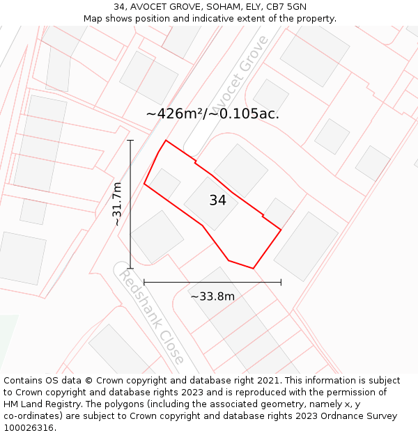 34, AVOCET GROVE, SOHAM, ELY, CB7 5GN: Plot and title map