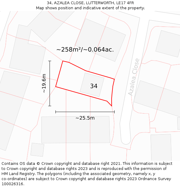 34, AZALEA CLOSE, LUTTERWORTH, LE17 4FR: Plot and title map