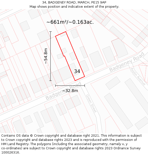 34, BADGENEY ROAD, MARCH, PE15 9AP: Plot and title map