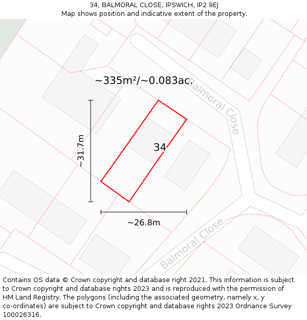 34, BALMORAL CLOSE, IPSWICH, IP2 9EJ: Plot and title map
